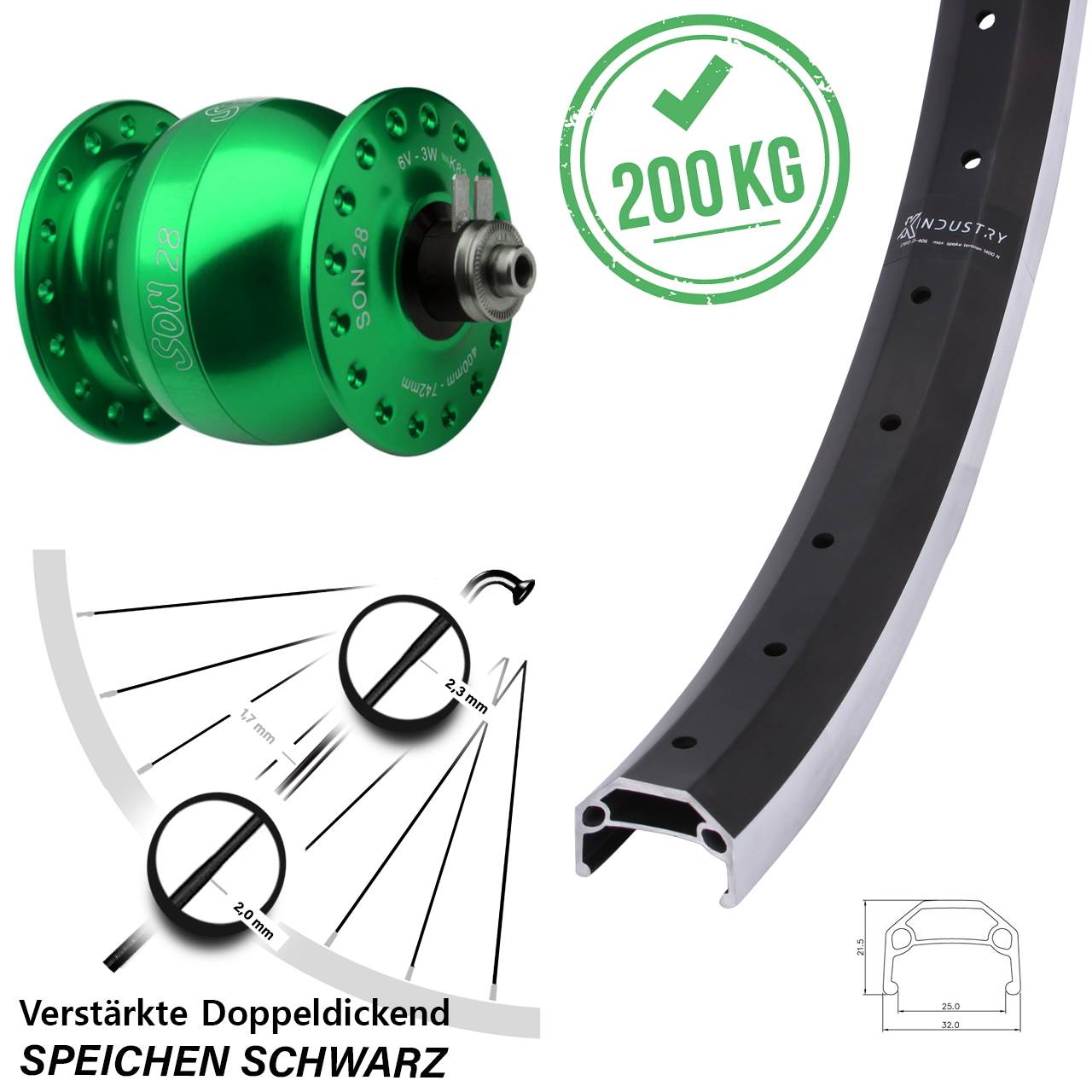20 Zoll KX Industry SON 28 grün Dynamo-Vorderrad schwarz