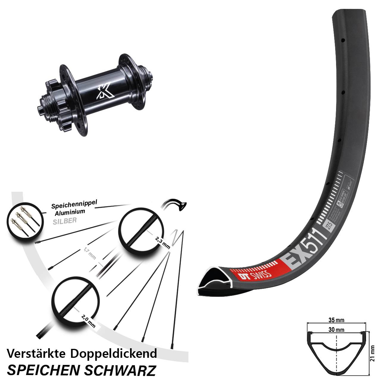 29 Zoll DT Swiss EX 511 KX-M 6-Loch Vorderrad für Schnellspanner
