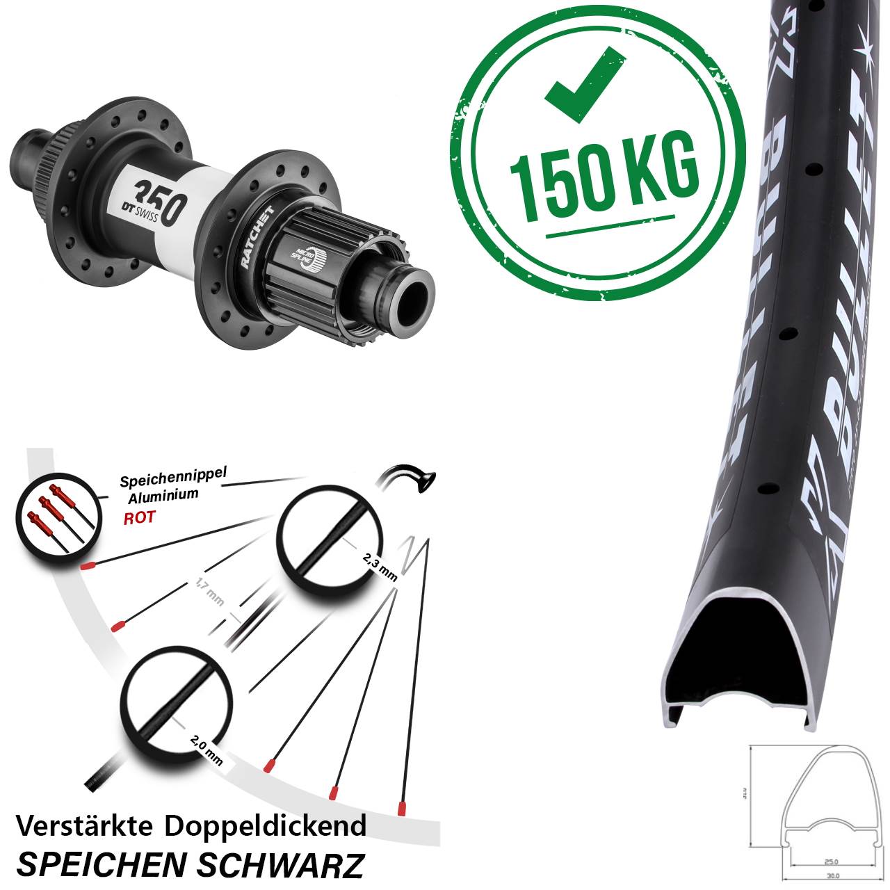28 Zoll KX Bullet OS DT Swiss 350 Ratchet 36 Disc Laufrad 12x142 Micro Spline