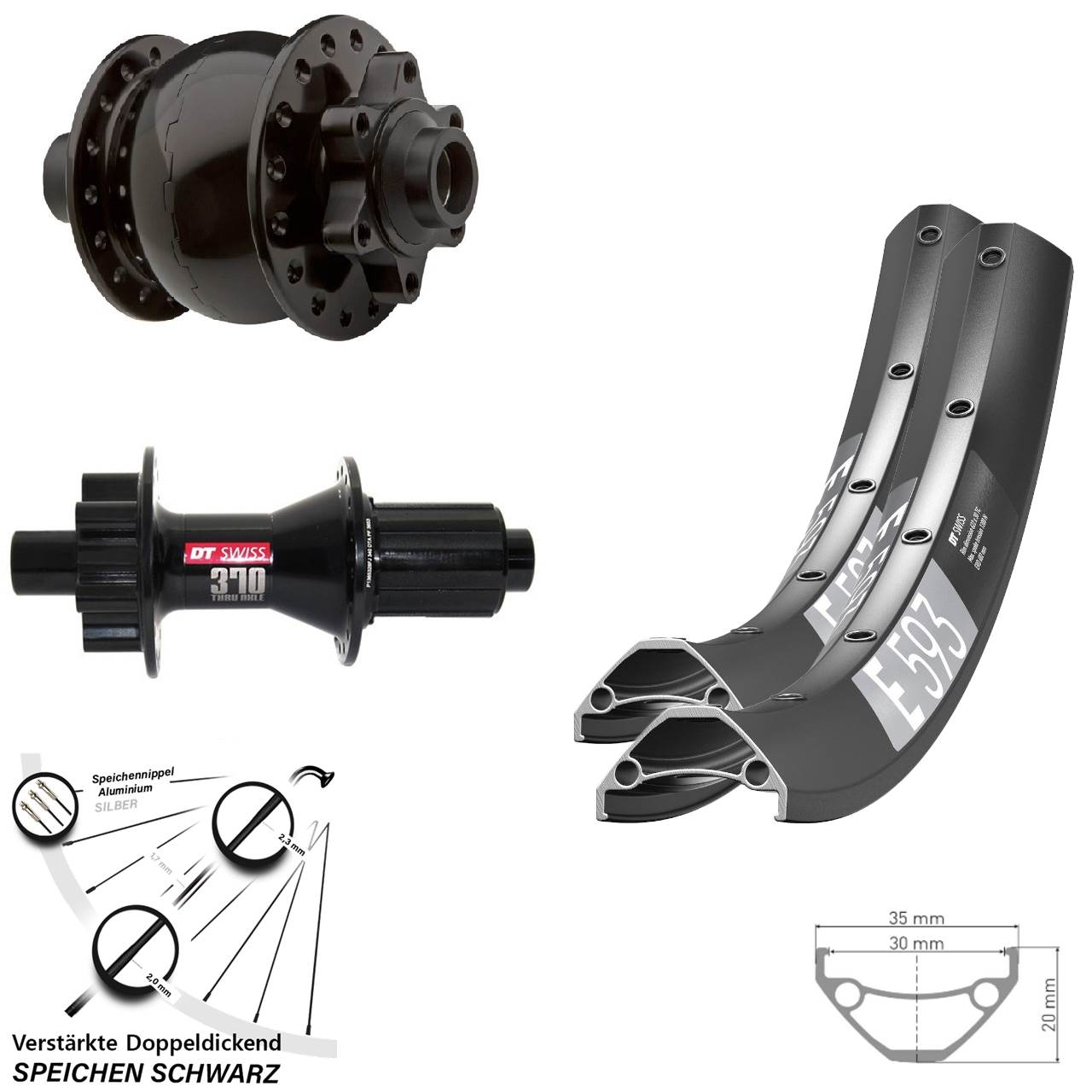 650B DT Swiss E593 370 Hybrid SON 28 Laufradsatz 6-Loch 15x100 12x142 8-11 fach HG