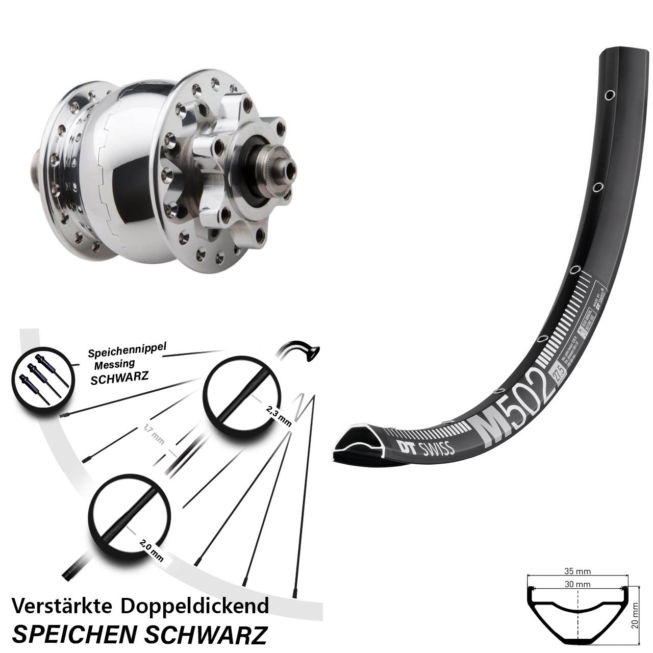 27,5 Zoll DT Swiss M502 SON 28 poliert Dynamo-Vorderrad 6-Loch QR