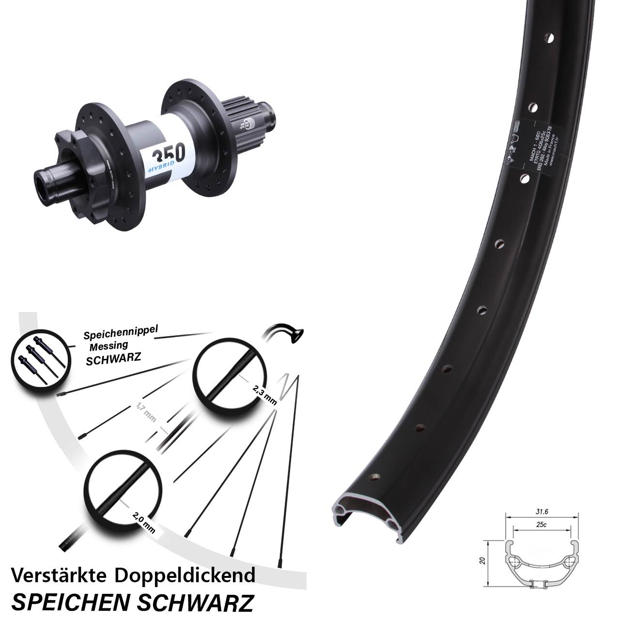 6-Loch Hinterrad 12x148 20 Zoll Mach1 Kargo DT Swiss 350 Hybrid Shimano Micro Spline