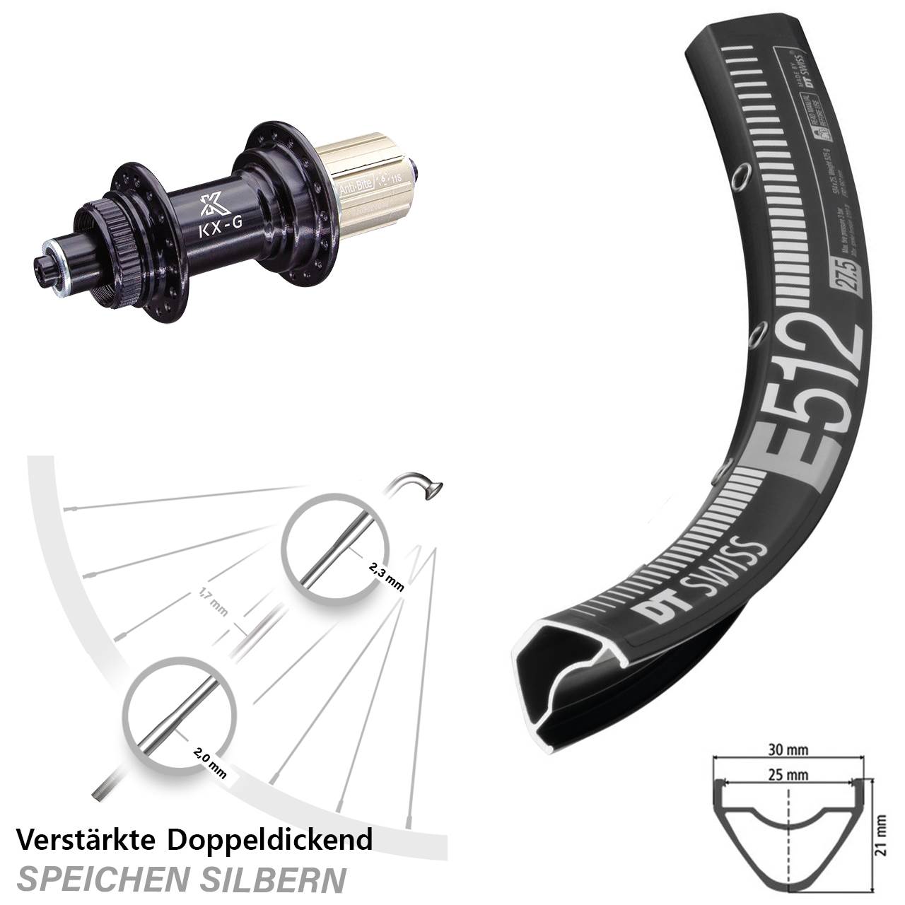 29 Zoll DT Swiss E 512 KX-G Centerlock Hinterrad QR 8-12 fach HG