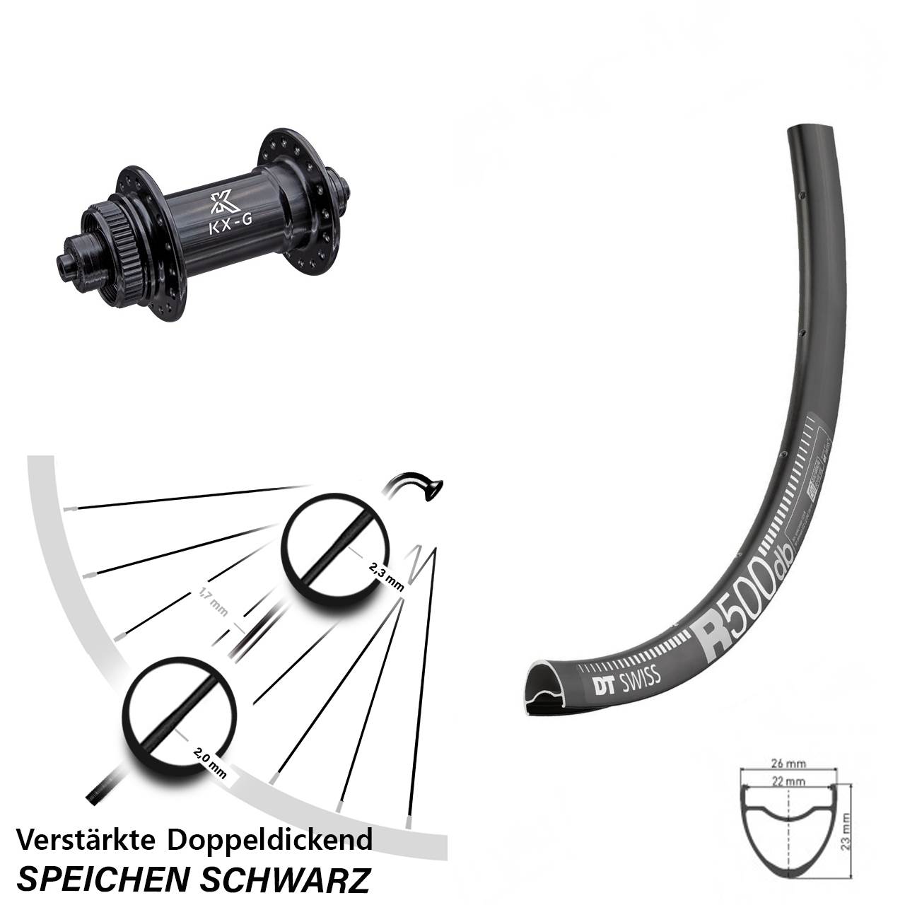 Road Disc DT Swiss R 500 Vorderrad 28 Zoll verstärkt mit KX-G Nabe 5x100 mm Centerlock