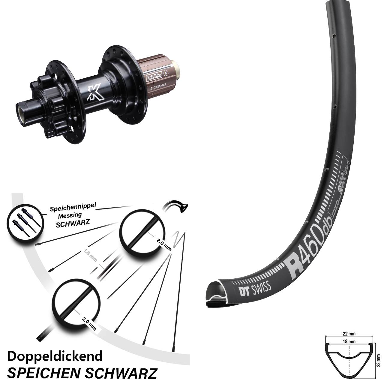28 Zoll Hinterrad DT Swiss R 460 Disc 6-loch Nabe KX-M schwarz 12x142 mm 8-12 fach