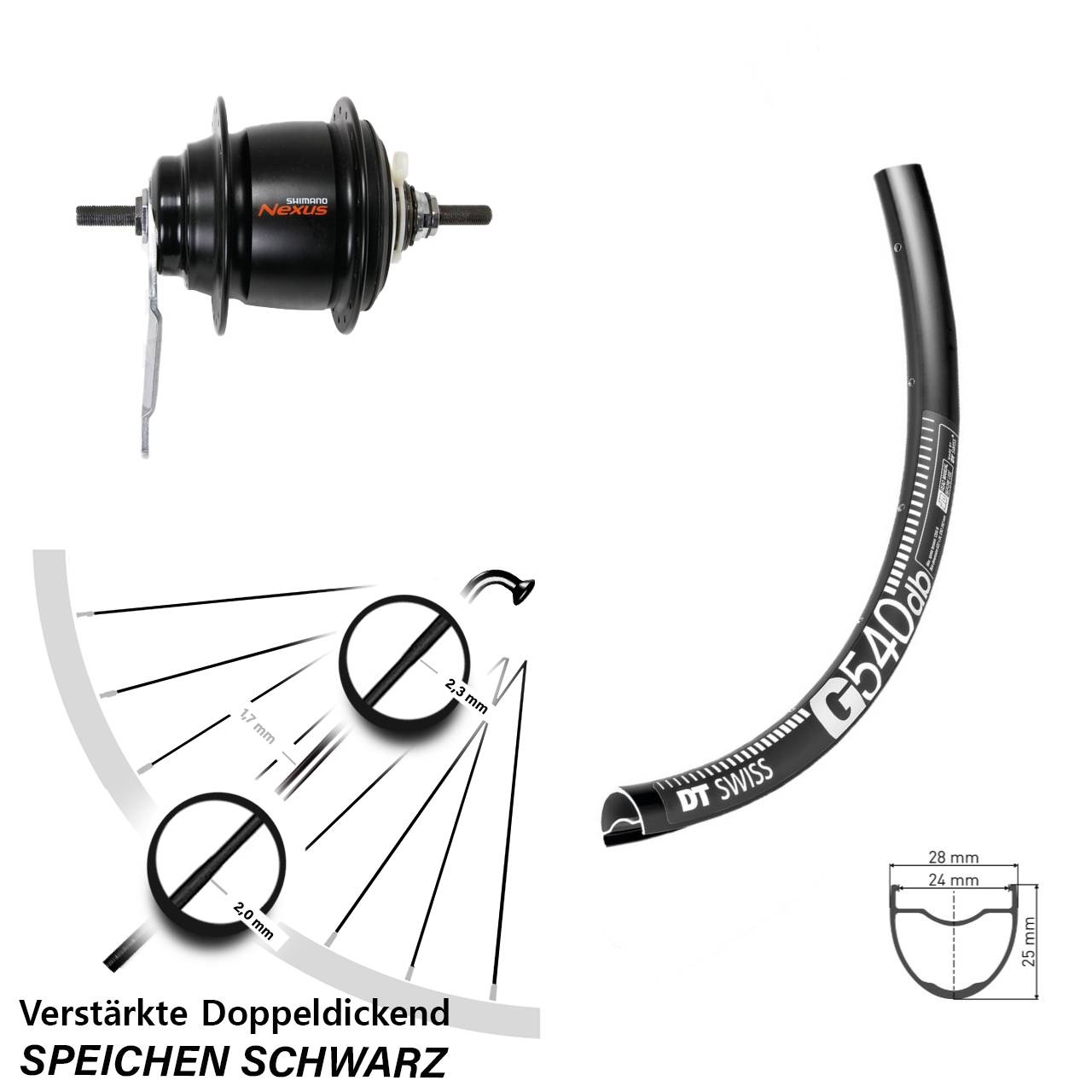28 Zoll Hinterrad Shimano Nexus 8-Gang DT Swiss G540 mit Rücktrittbremse