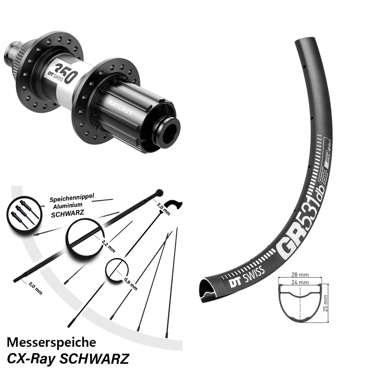 29 Zoll DT Swiss 350 GR 531 Hinterrad 12x142 Steckachse 11-12 fach HG CX-Ray