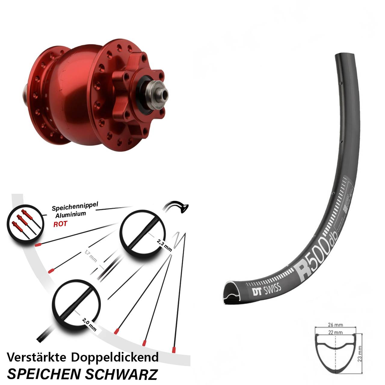 Disc Vorderrad mit Nabendynamo 29 Zoll DT Swiss R 500 SON 28 rot für Schnellspanner
