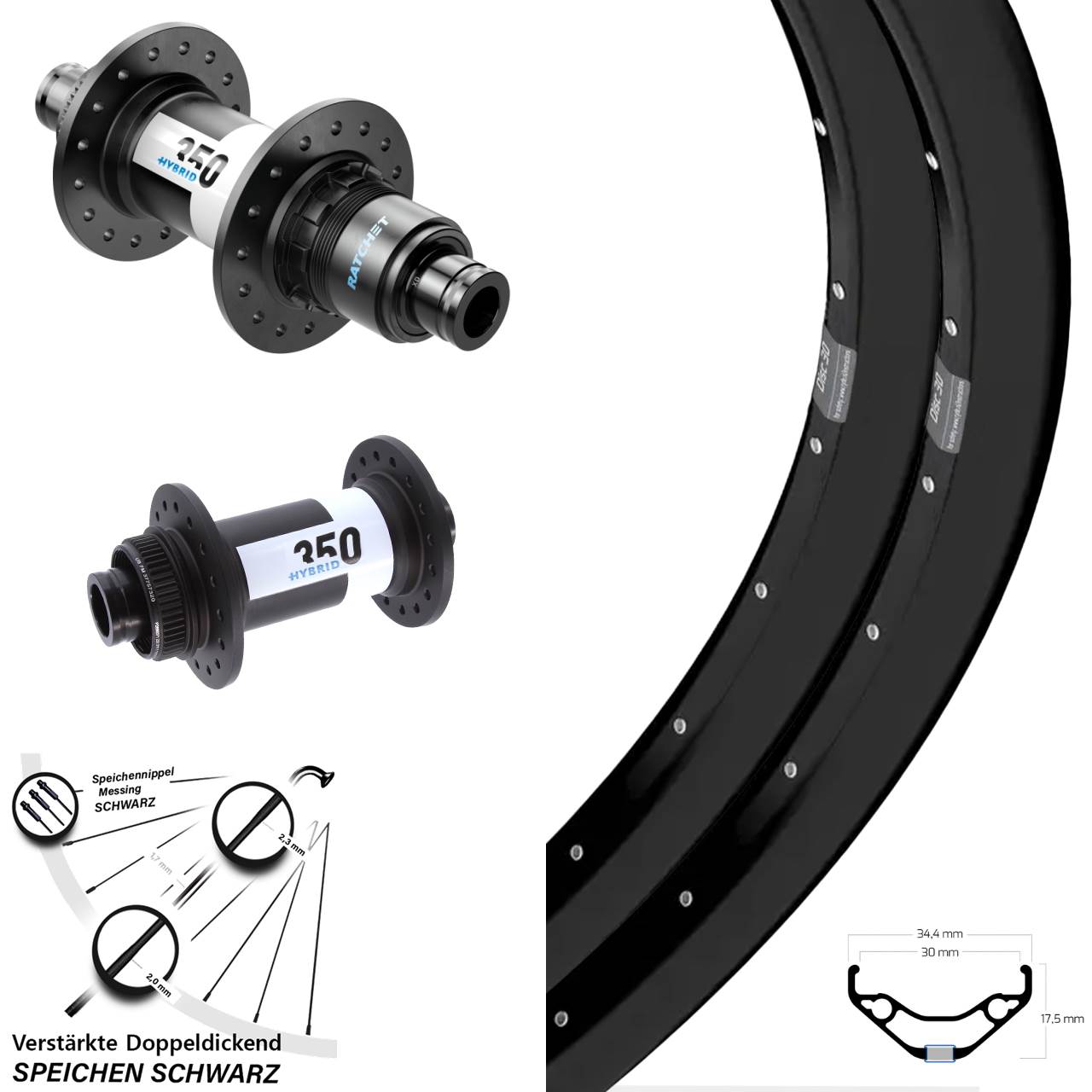 Ryde Disc 30 DT Swiss 350 Hybrid 27,5 Zoll Centerlock Laufradsatz 15x110 12x148 XD