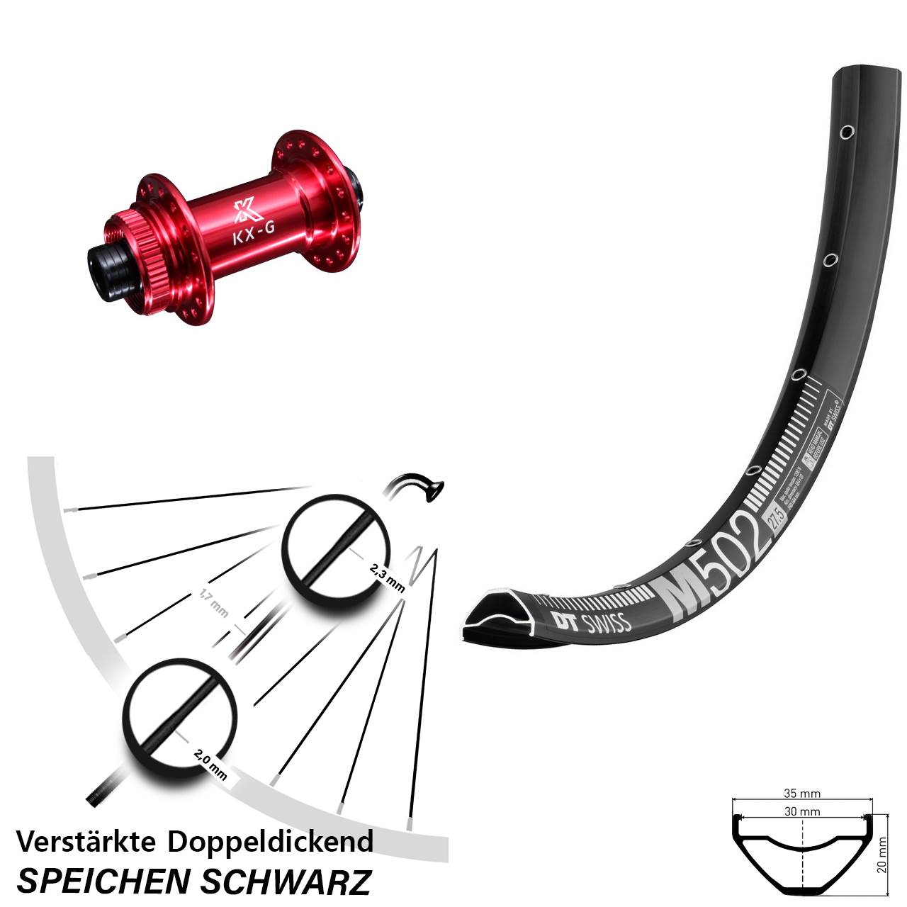 Centerlock Vorderrad 15x100 27,5 Zoll DT Swiss M 502 KX-G rot