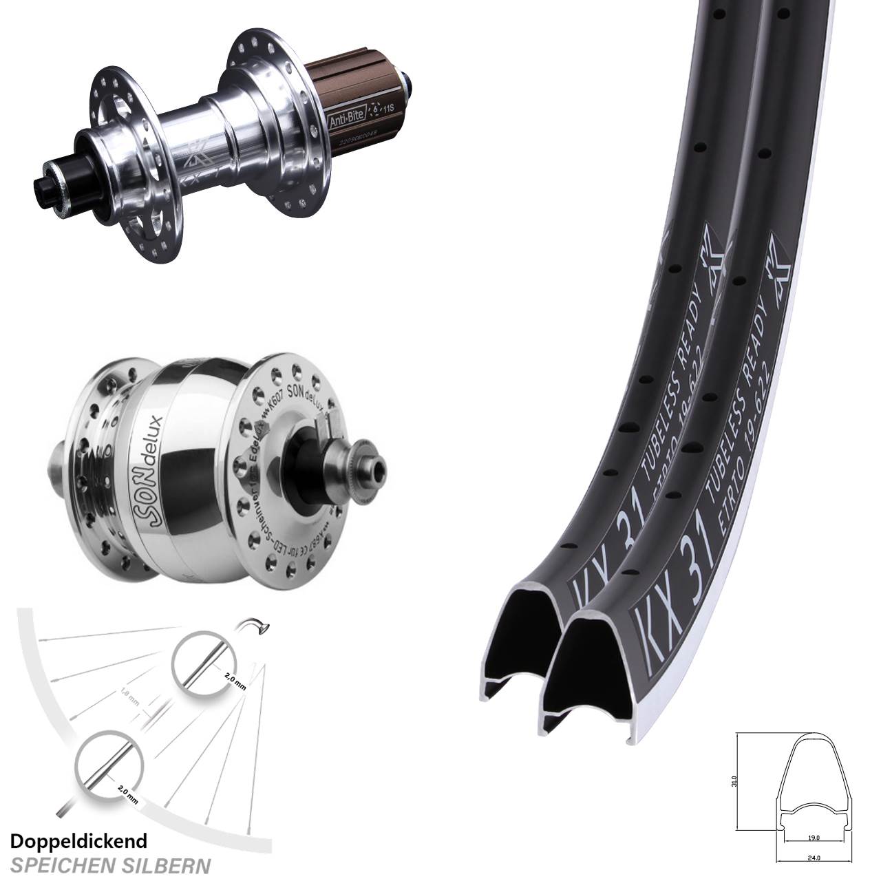 KX-T 31 SON delux 28 Zoll Laufradsatz für Schnellspanner 8-12 fach HG