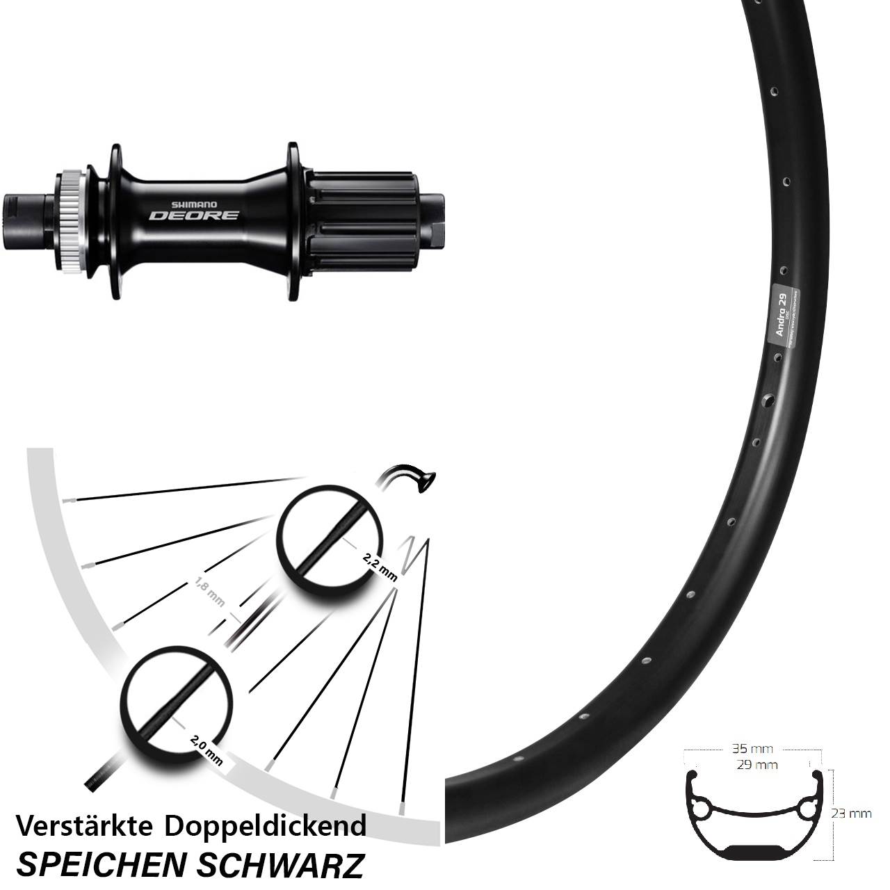 Hinterrad 27,5 Zoll Ryde Andra 29 mit Shimano Deore FH-M6010 Nabe