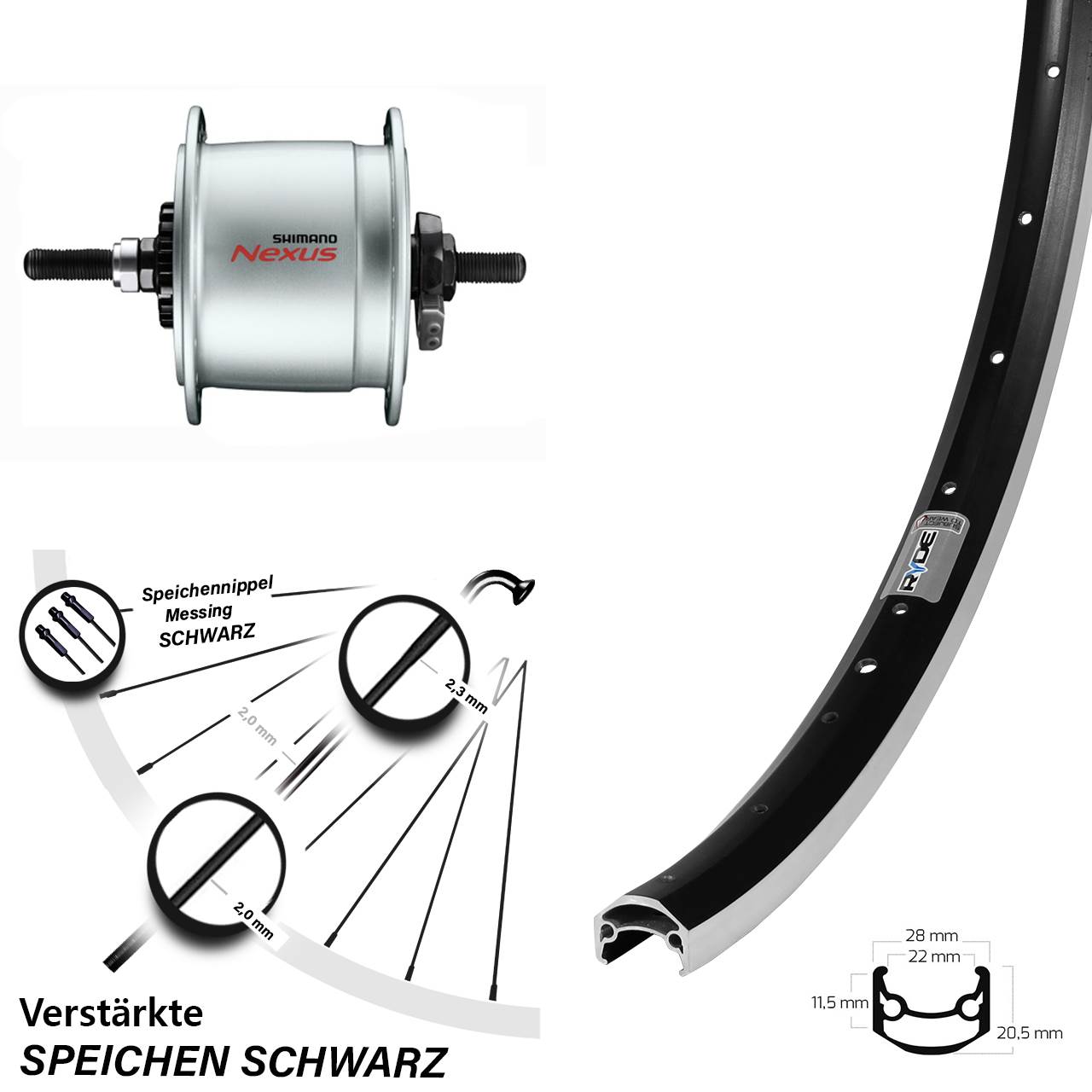 27,5 Zoll Ryde Andra 35 Shimano DH-C6000-3R Nexus Nabendynamovorderrad Vollachse