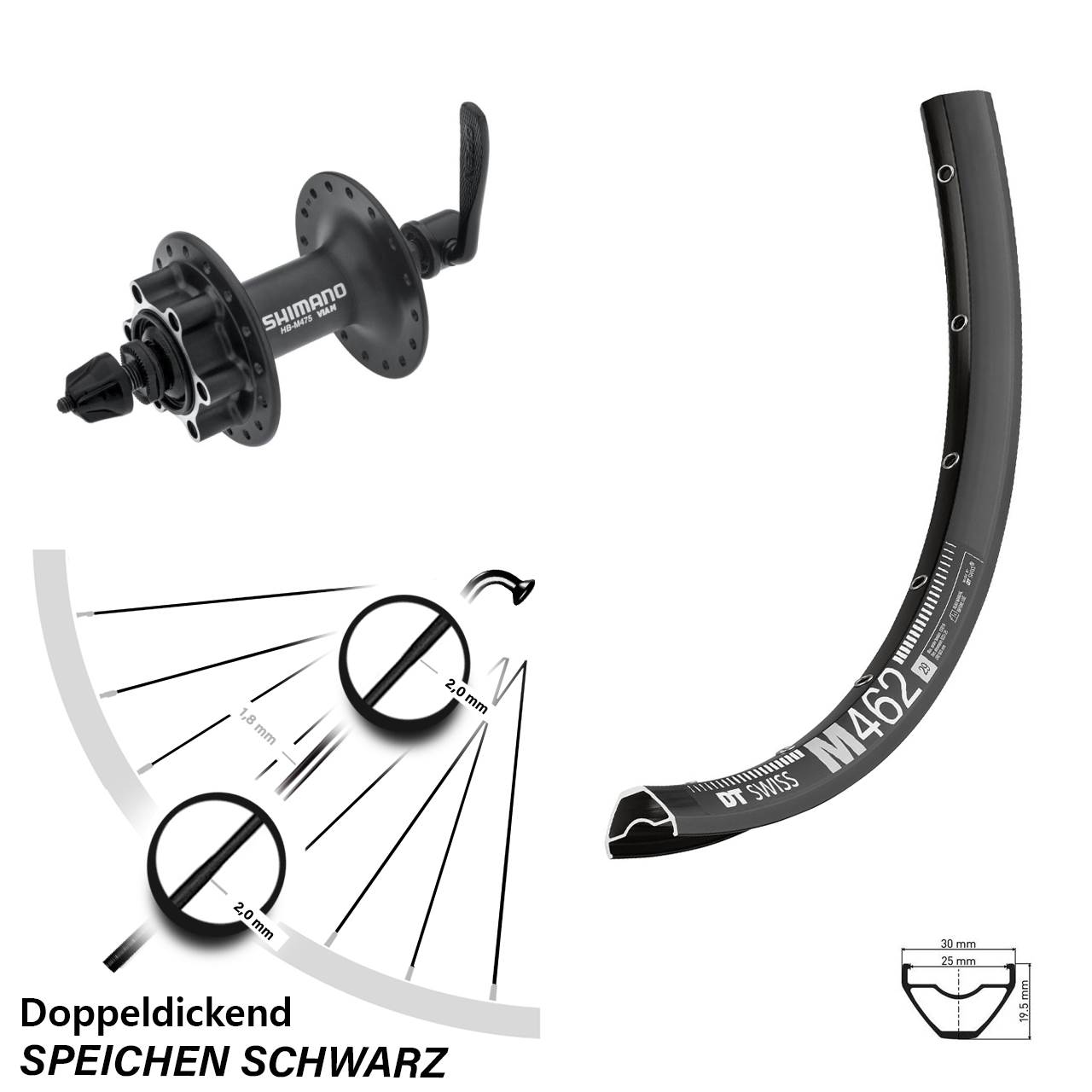 Vorderrad 6-Loch 650B DT Swiss M 462 Shimano HB-M475 für Schnellspanner