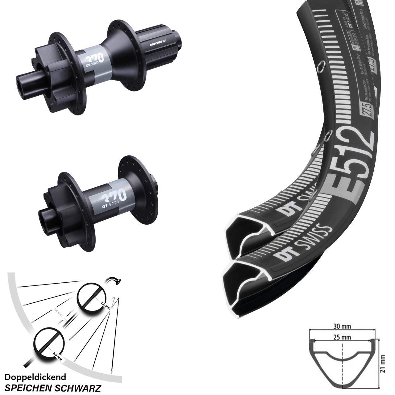 Laufradsatz 29 Zoll E 512 DT Swiss 370 Steckachse 6-loch Enduro MTB 11-fach
