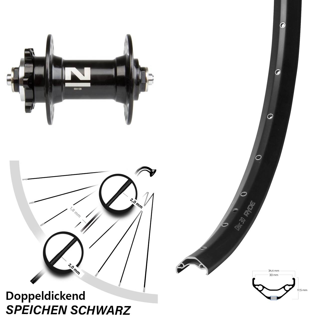 Disc Vorderrad QR 29 Zoll Ryde Disc 30 Novatec D041