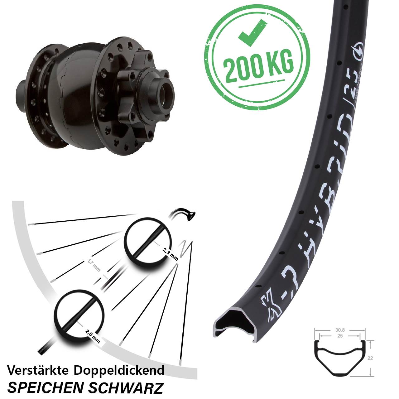 Vorderes Rad Nabendynamo SON 28-15 KX-R Hybrid 25 verstärkt 29 Zoll 25-622 ETRTO 6-Loch