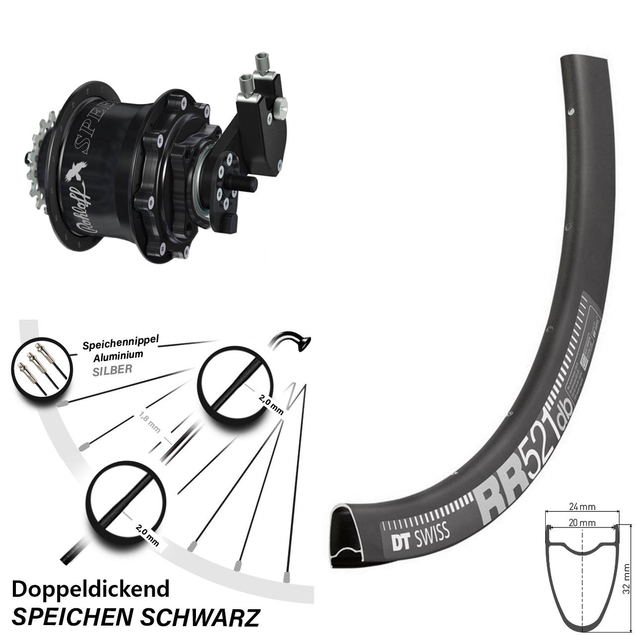 Hinterrad 28 Zoll DT Swiss RR 521 Disc Rohloff Speedhub 500/14 TS DB OEM Tandem schwarz