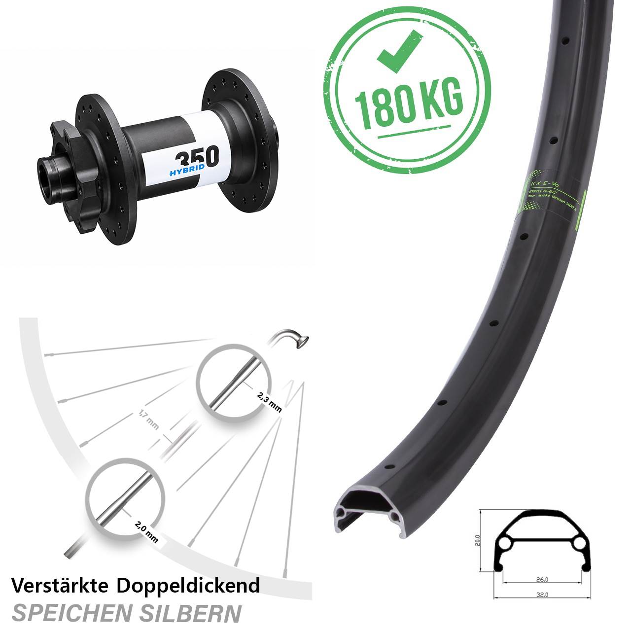 E-Bike 29 Zoll Vorderrad KX Evo 26-622 ETRTO DT Swiss 350 Hybrid Boost 6-Loch 15x110 mm
