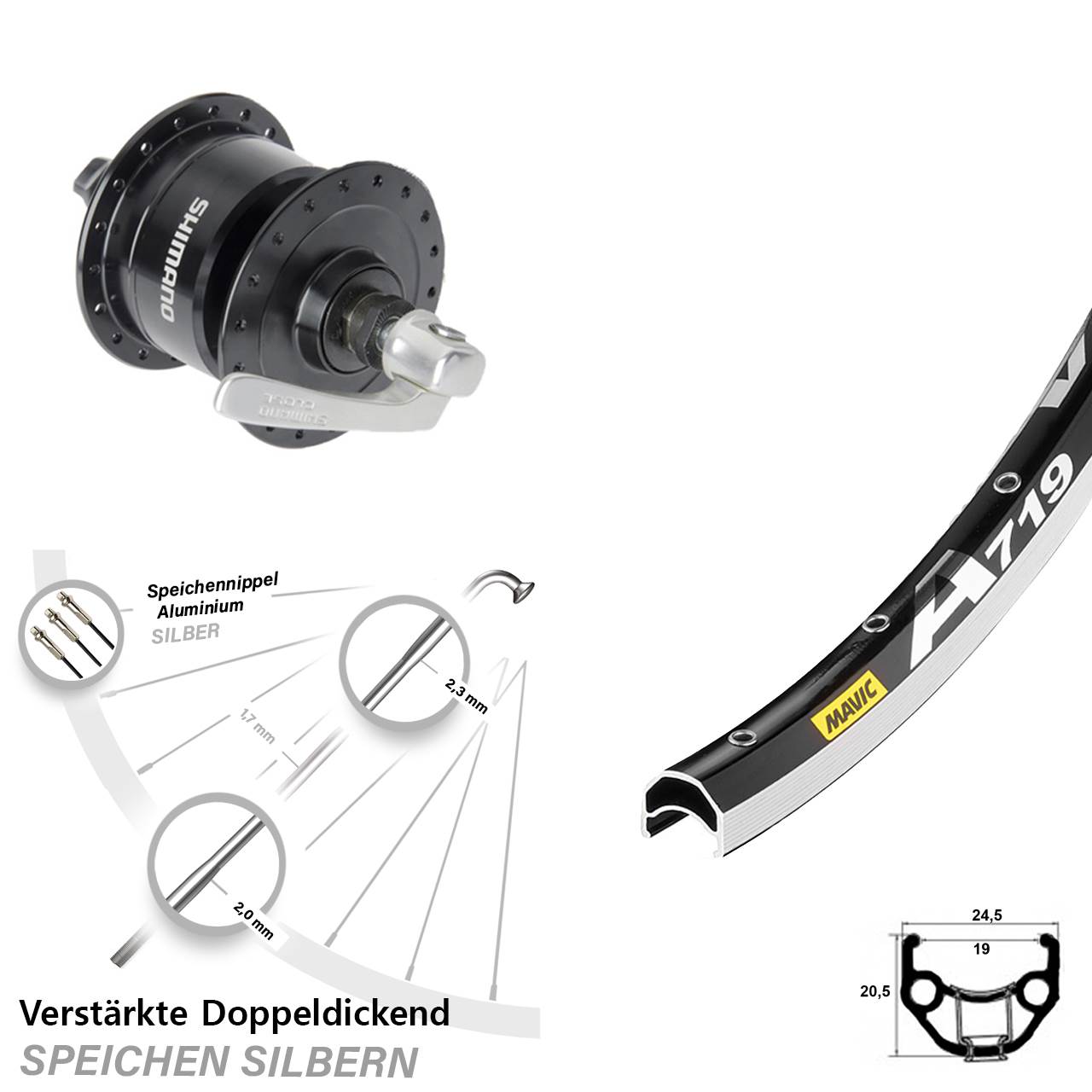Nabendynamolaufrad 28 Zoll Mavic A719 Shimano DH3N72 QR