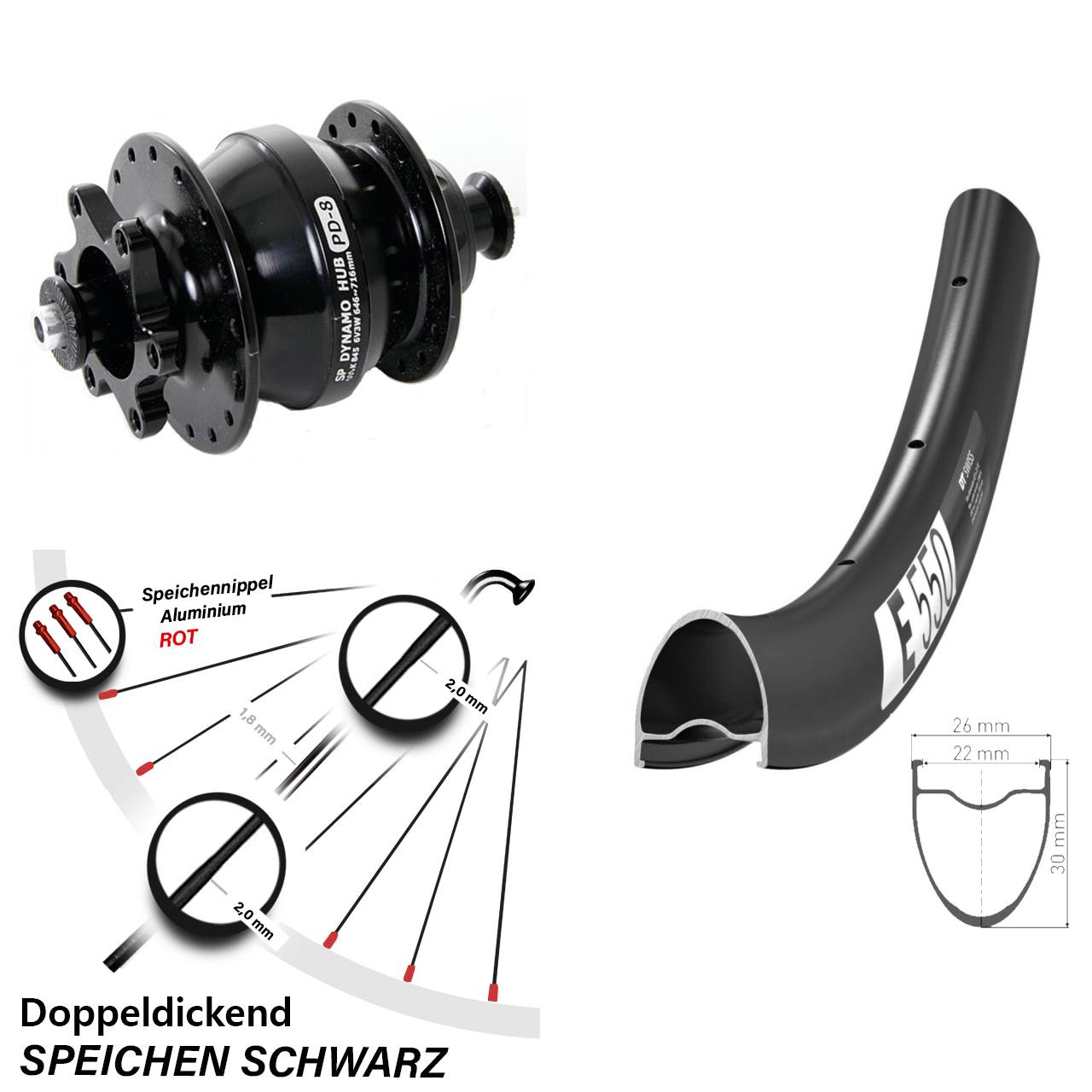 Nabendynamo-Vorderrad 28 Zoll DT Swiss E550 Shutter Precision PD-8 5x100 6-Loch