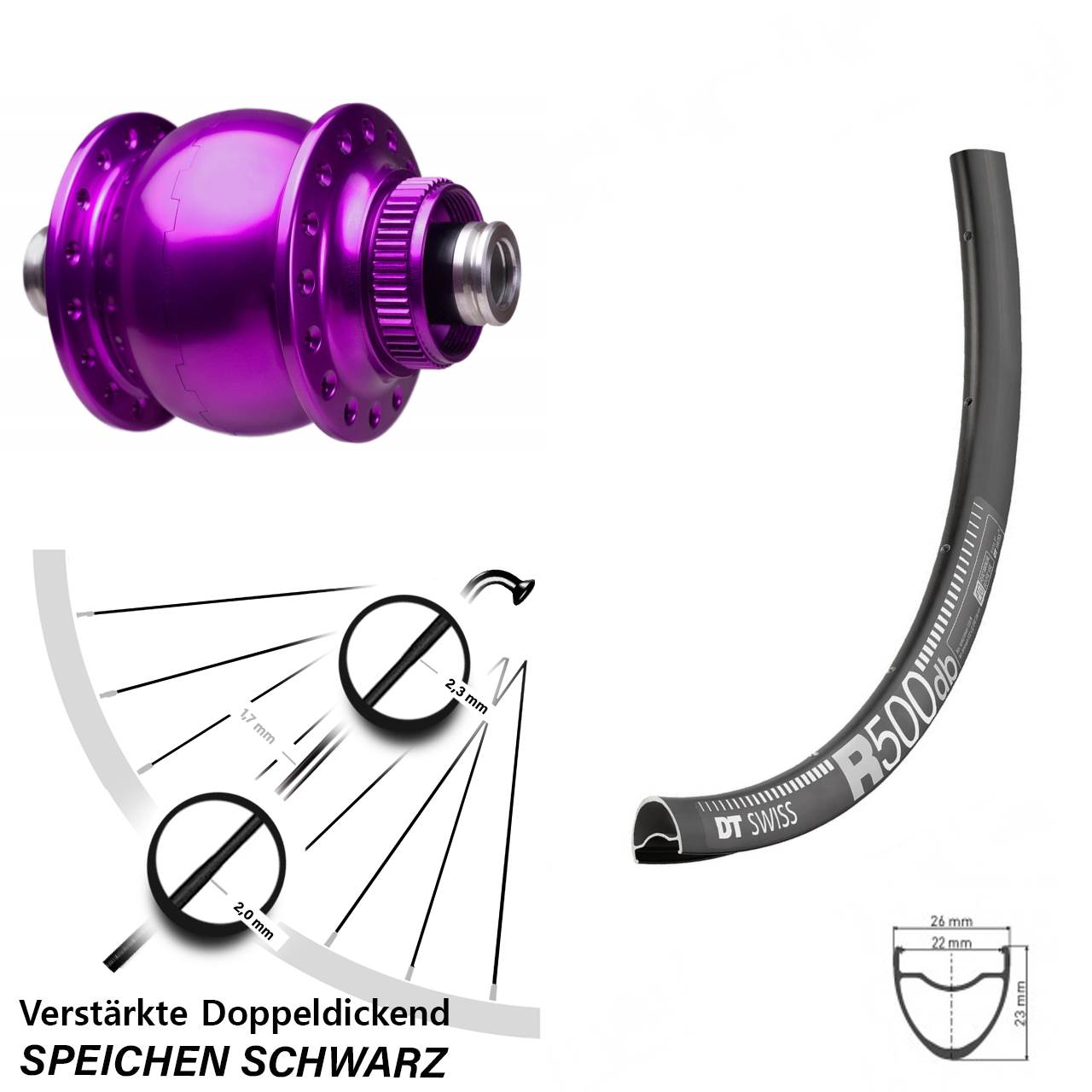 Disc Vorderrad mit Nabendynamo 12x100 28 Zoll DT Swiss R500 SON 28 violett