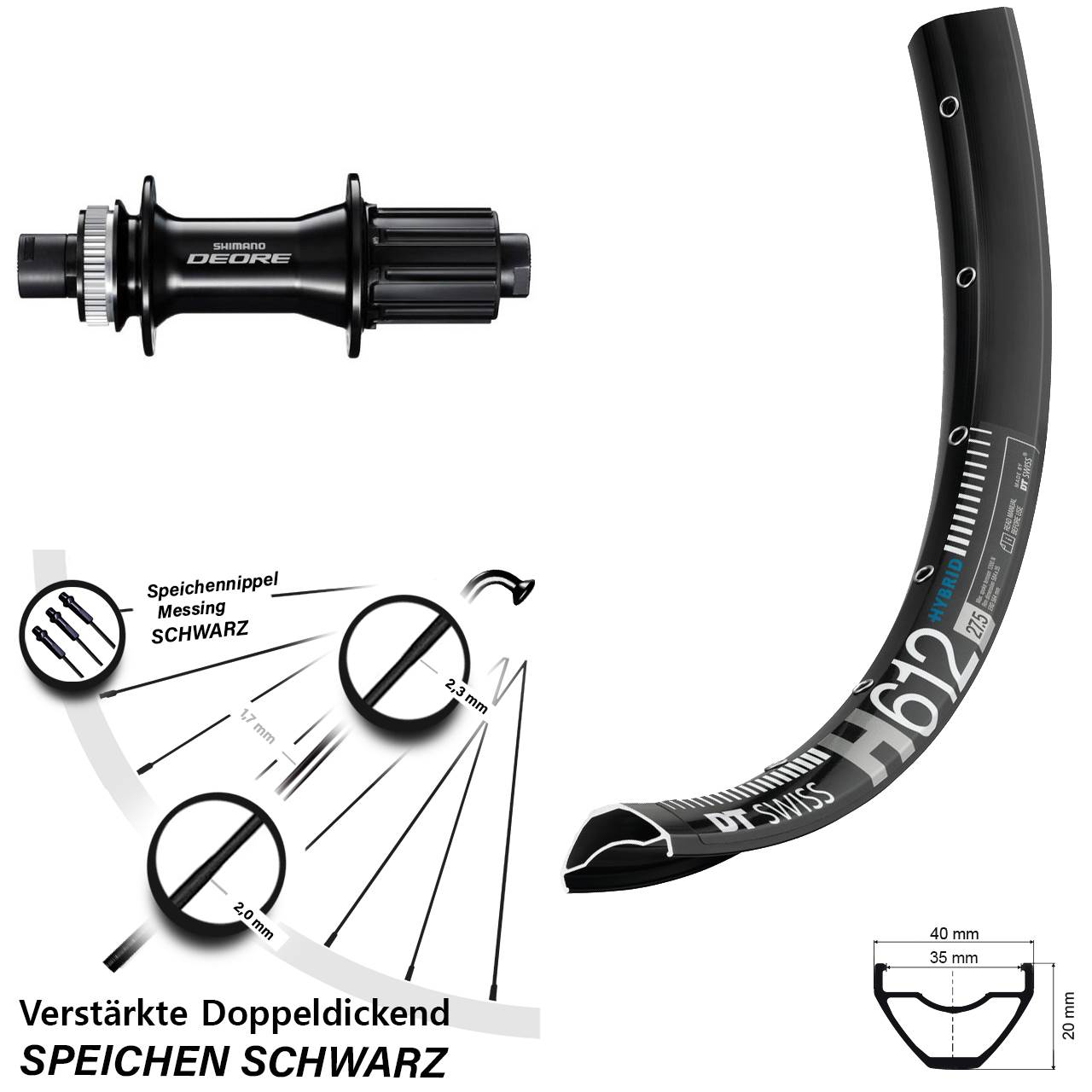 27,5 Zoll DT Swiss H612 Shimano Deore Centerlock Hinterrad 12x148 8-11 fach HG