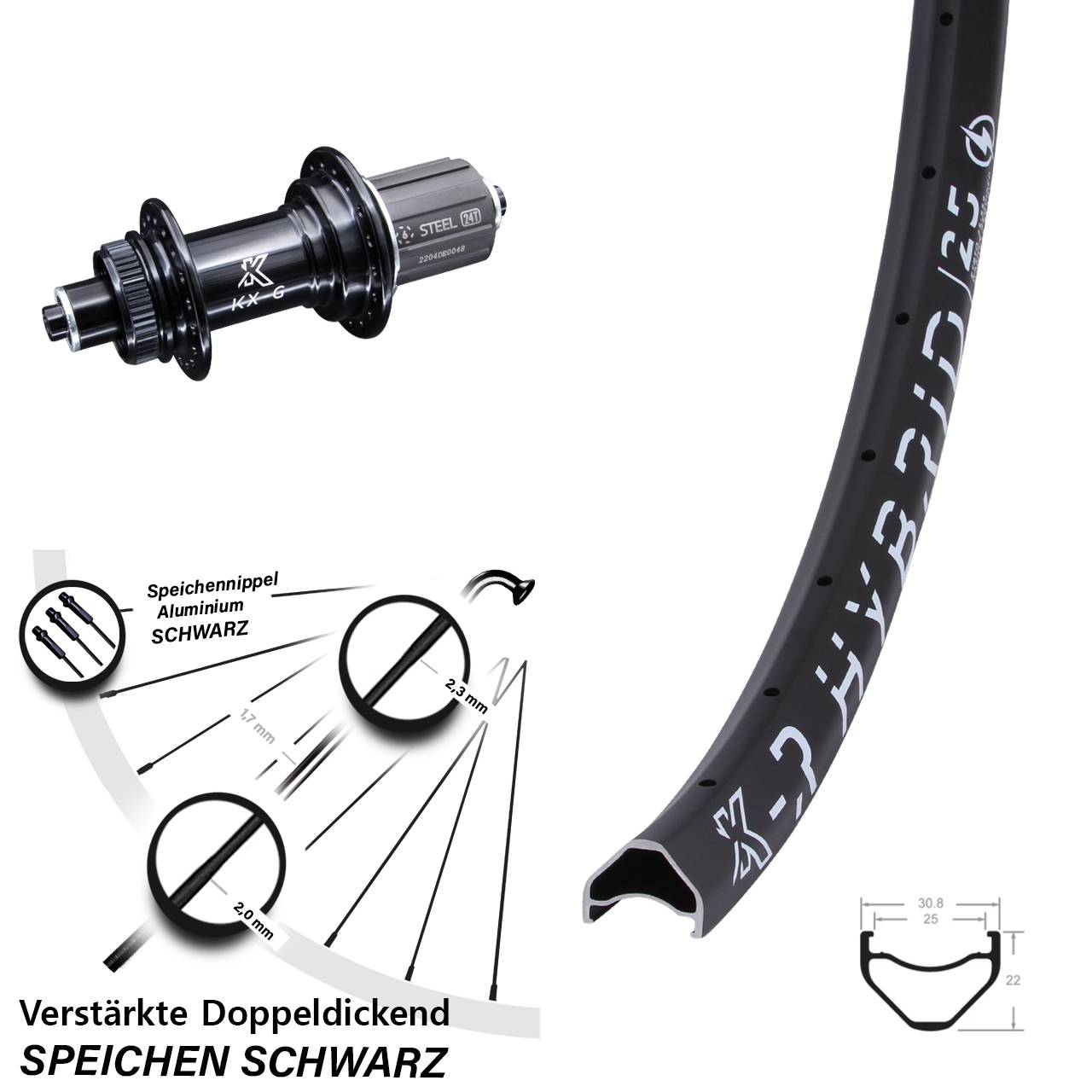 Disc Hinterrad 28-29 Zoll KX-R Hybrid 25 schwarz verstärkt 8-12 fach für Schnellspanner