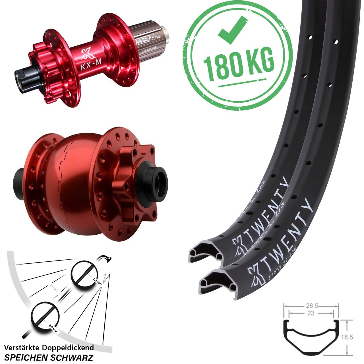 KX Twenty Laufradsatz 20 Zoll Dynamo 6-loch Steckachse leicht SON 28 rot eloxiert