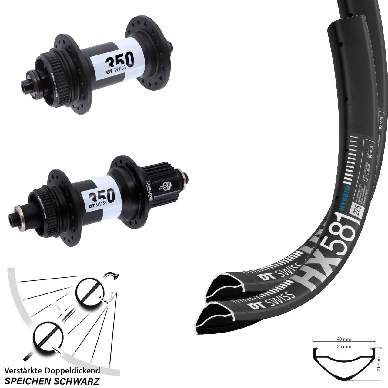 27,5 Zoll DT Swiss HX581-350 Disc Laufradsatz QR Shimano Micro Spline