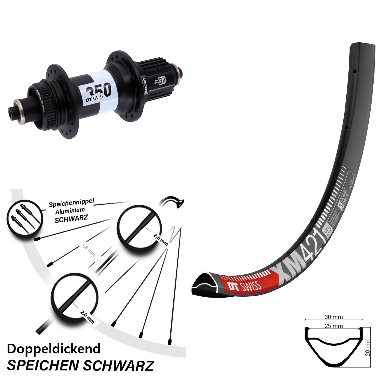 Hinterrad 27,5 Zoll DT Swiss XM 421-350 Centerlock Micro Spline QR