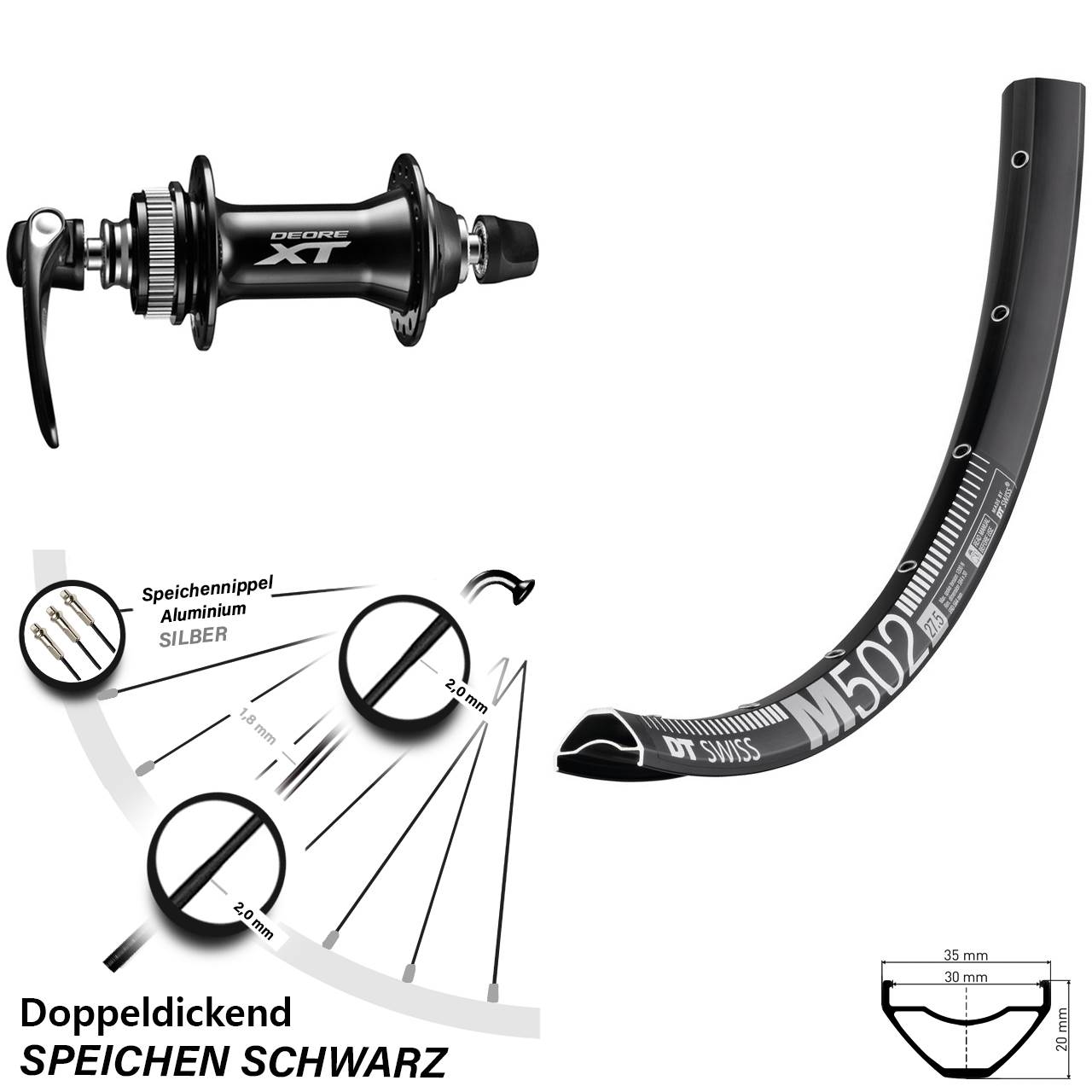 DT Swiss M 502 Shimano Deore XT HB-M8000 29 Zoll Vorderrad Centerlock QR