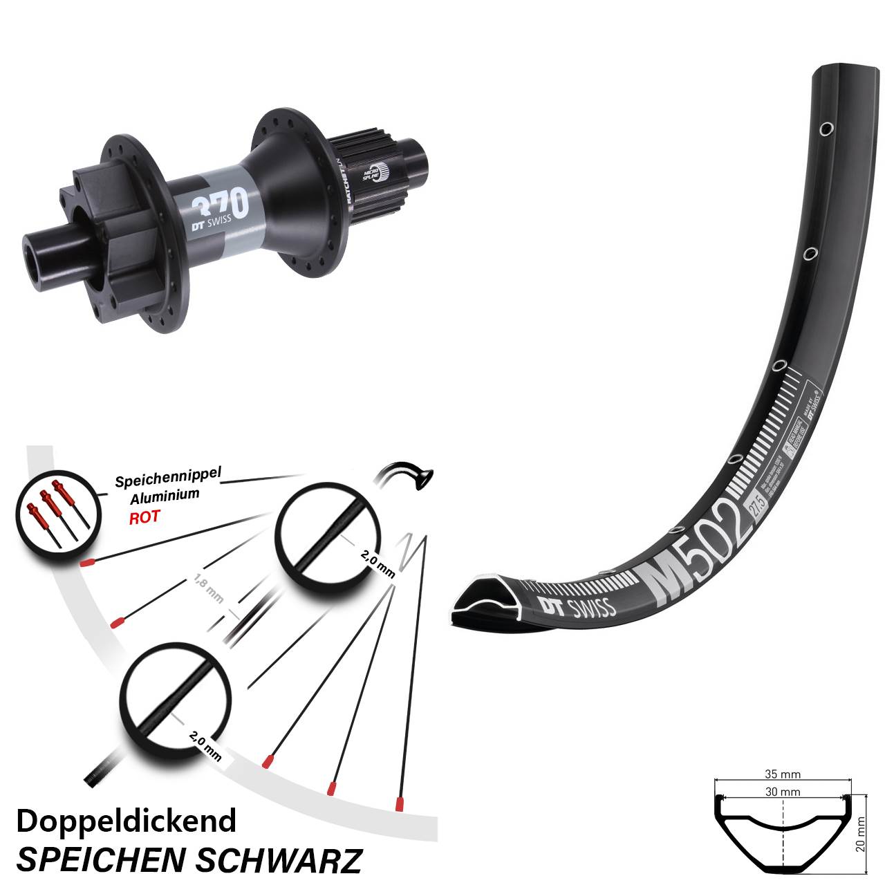 DT Swiss M 502 27,5 Zoll Hinterrad 370 6-Loch Micro Spline 12x148