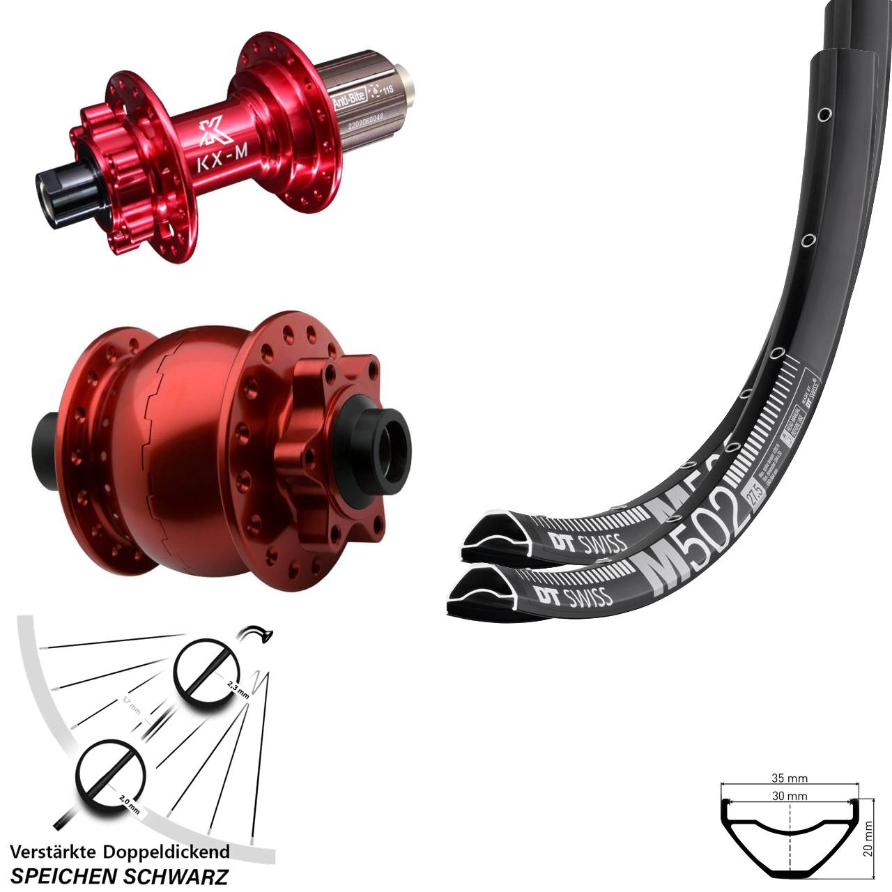 DT Swiss M502 KX-M rot SON 28 29 Zoll 6-Loch Laufradsatz 15x100 12x142 8-12 fach HG