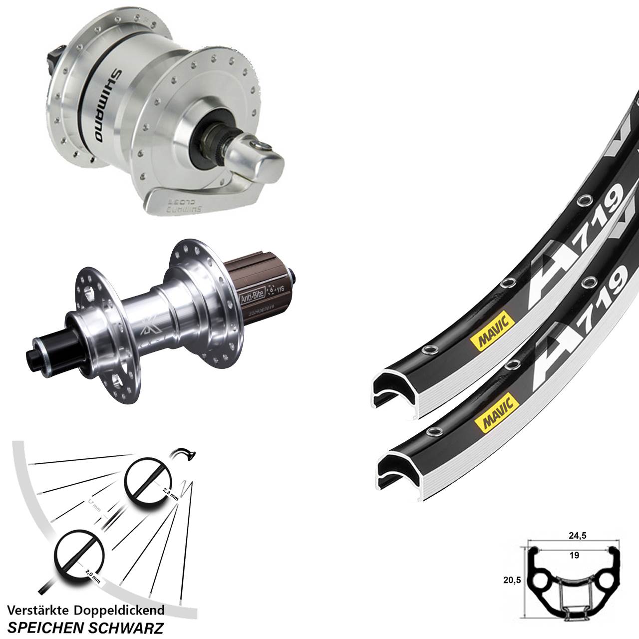 Laufradsatz für Schnellspanner 28 Zoll Mavic A719 KX-T Shimano DH-3N72 8-12 fach HG