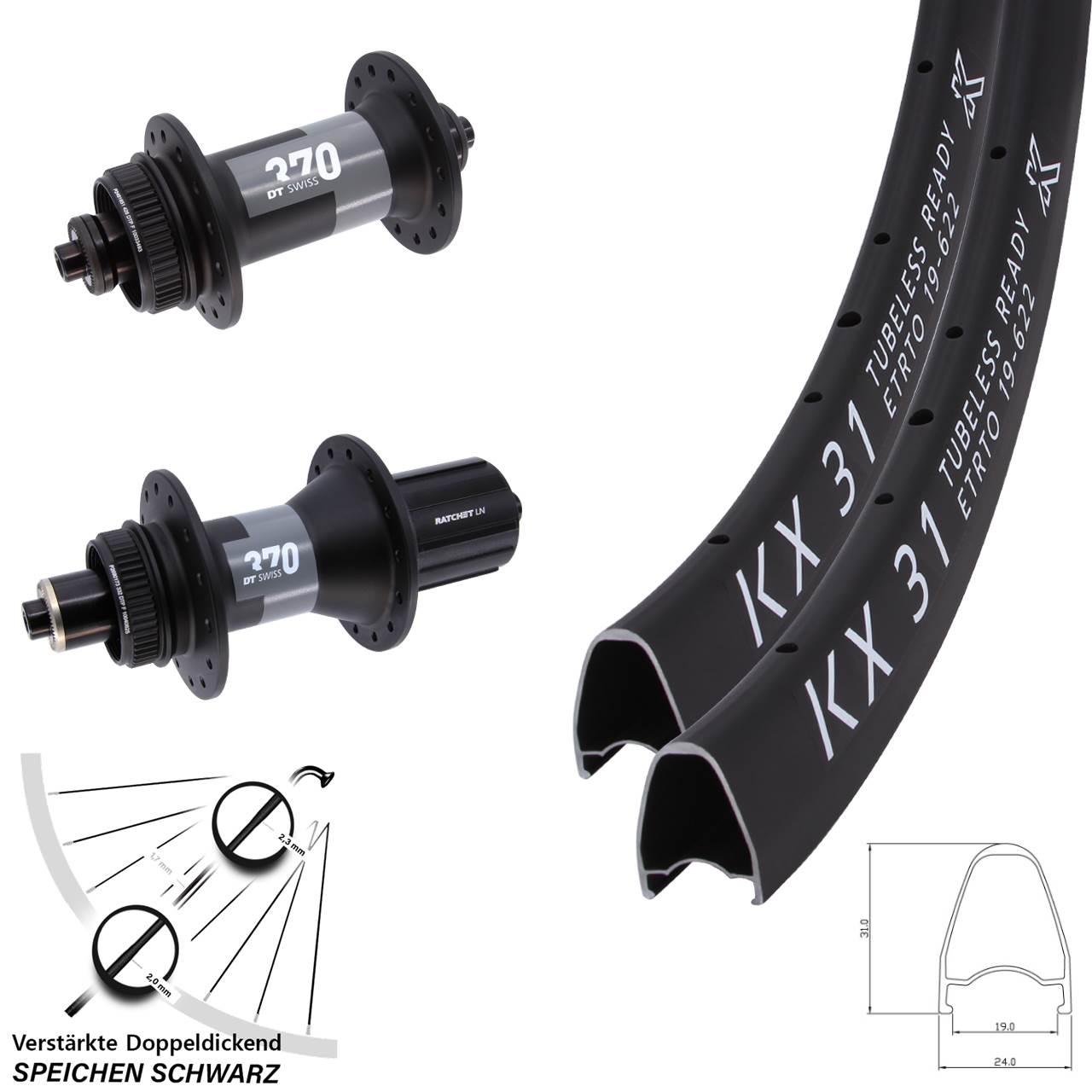 Disc Laufrad-Satz für Schnellspanner 28 Zoll KX 31-370 DT Swiss 370 QR 8-12 fach