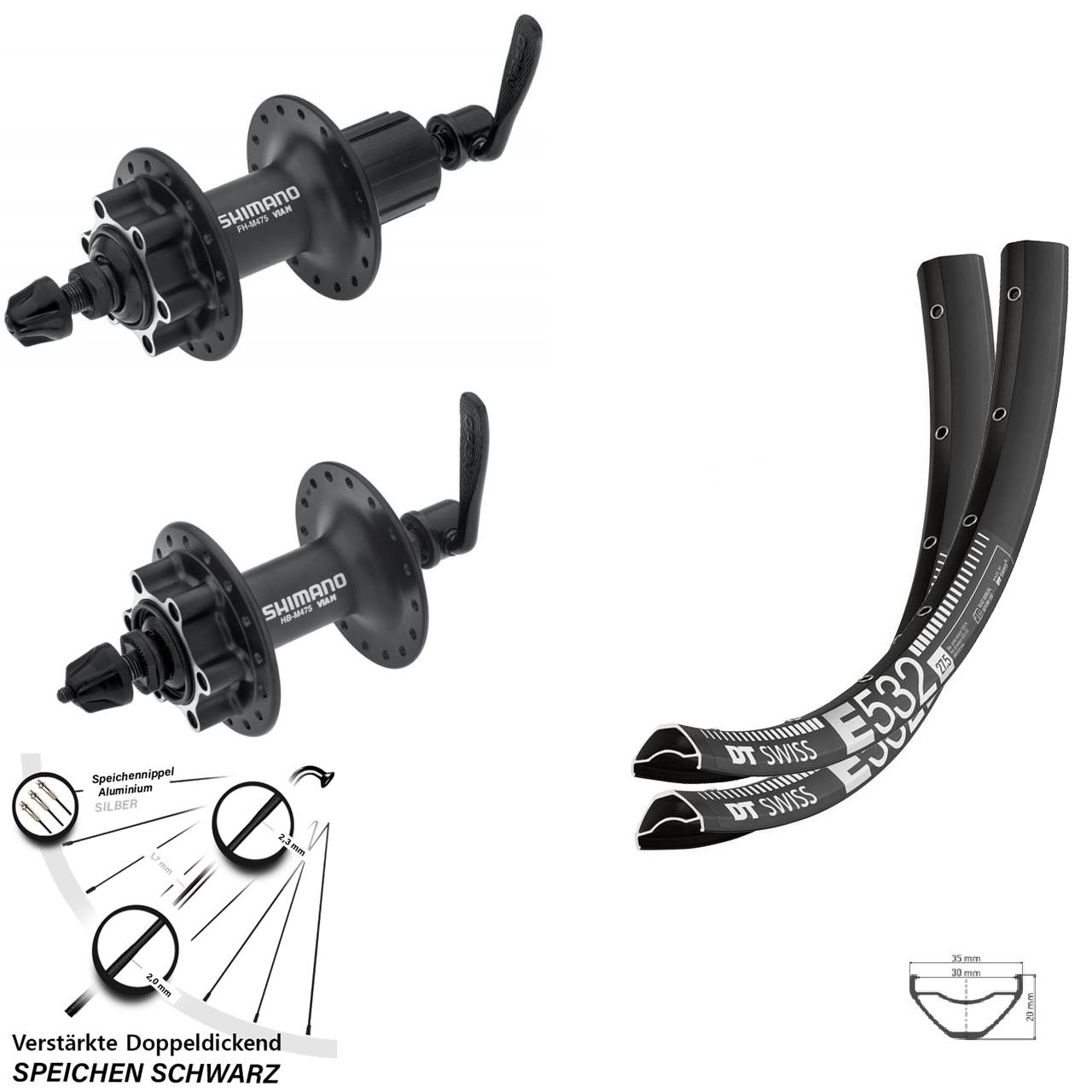 DT Swiss E532 Shimano HB-M475 FH-M475 29 Zoll Disc Laufradsatz QR 8-11 fach