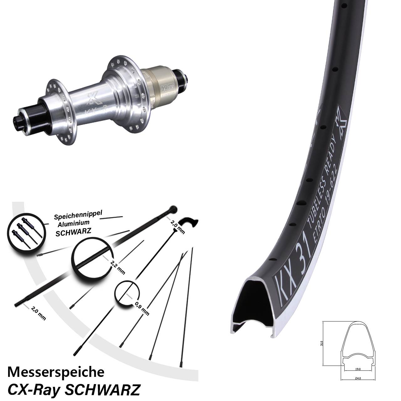 28 Zoll Hinterrad KX-R 31 silber Messerspeiche CX-Ray 5x130 Sram XDR
