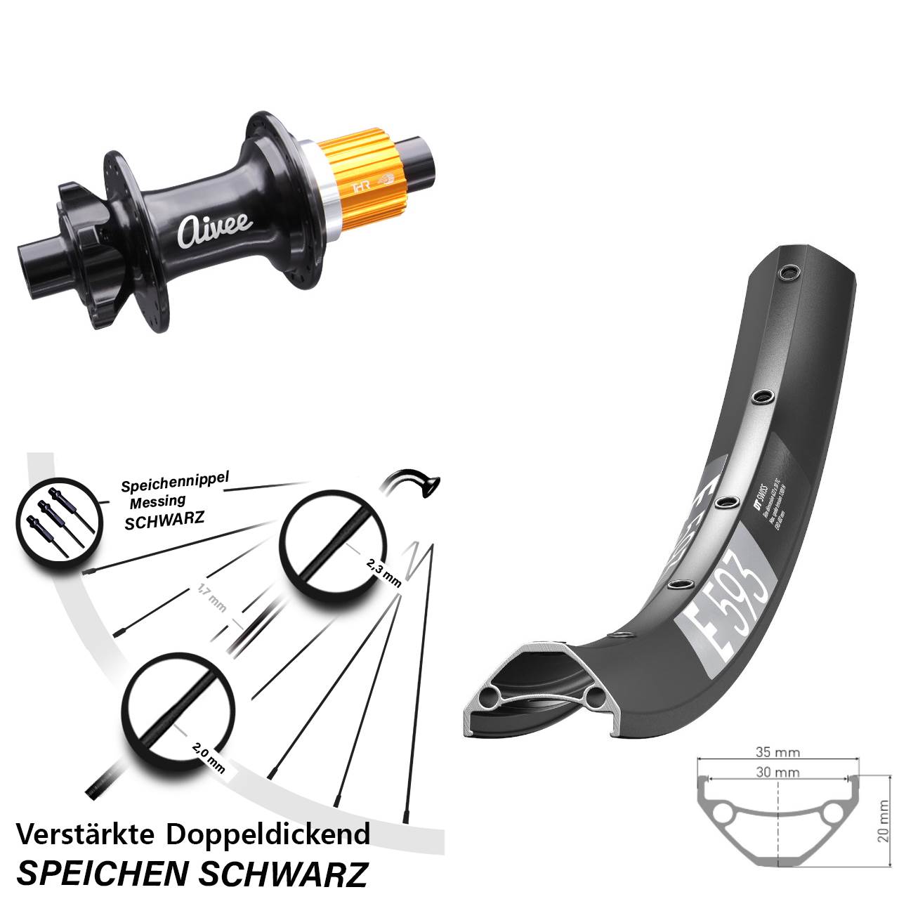 DT Swiss E 593 Aivee 29 Zoll Hinterrad 6-Loch 12x148 Micro Spline