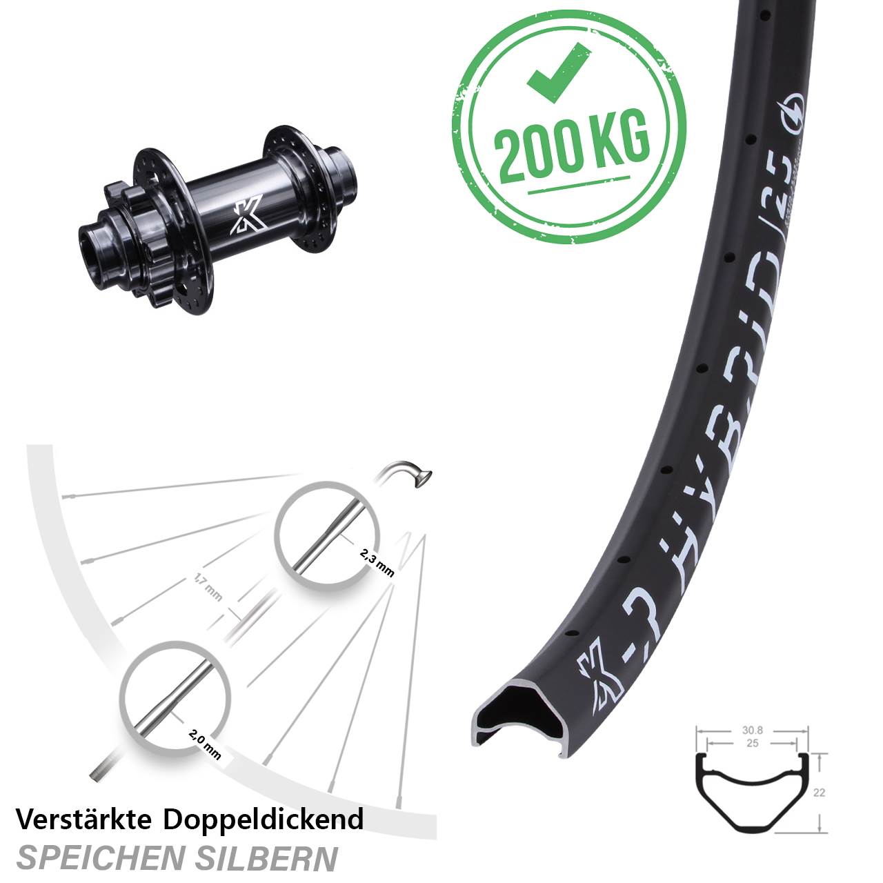 26 Zoll Vorderrad DH verstärkt 20x110 mm Steckachse KX-M schwarz 6-loch