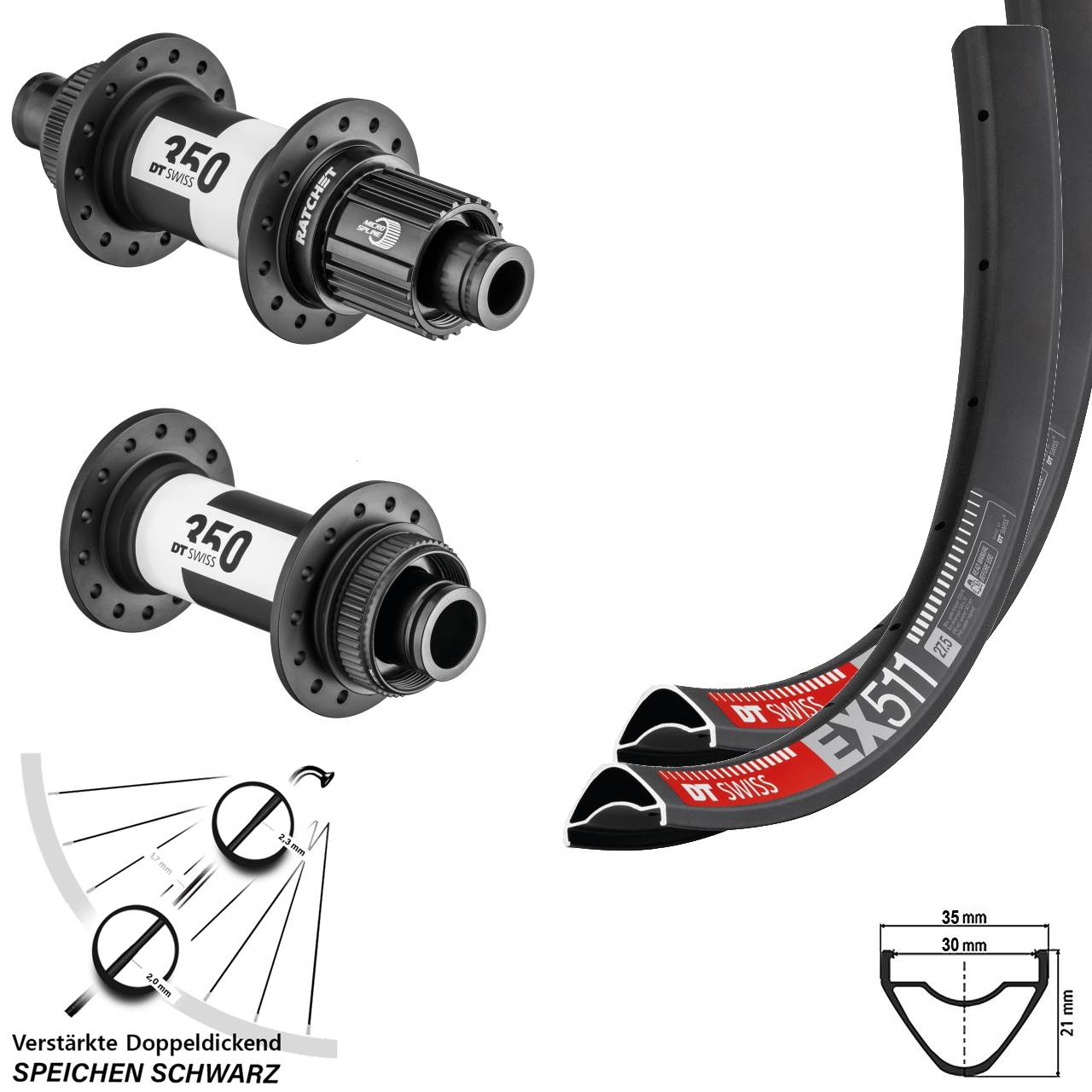 DT Swiss EX511-350 Ratchet 36 27,5 Zoll Laufrad-Satz 15x110 12x148 Micro Spline