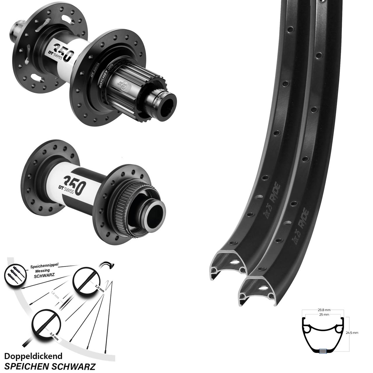 29 Zoll Ryde ZAC 25 DT Swiss 350 DEG 72 Disc Laufradsatz 15x110 12x148 Micro Spline