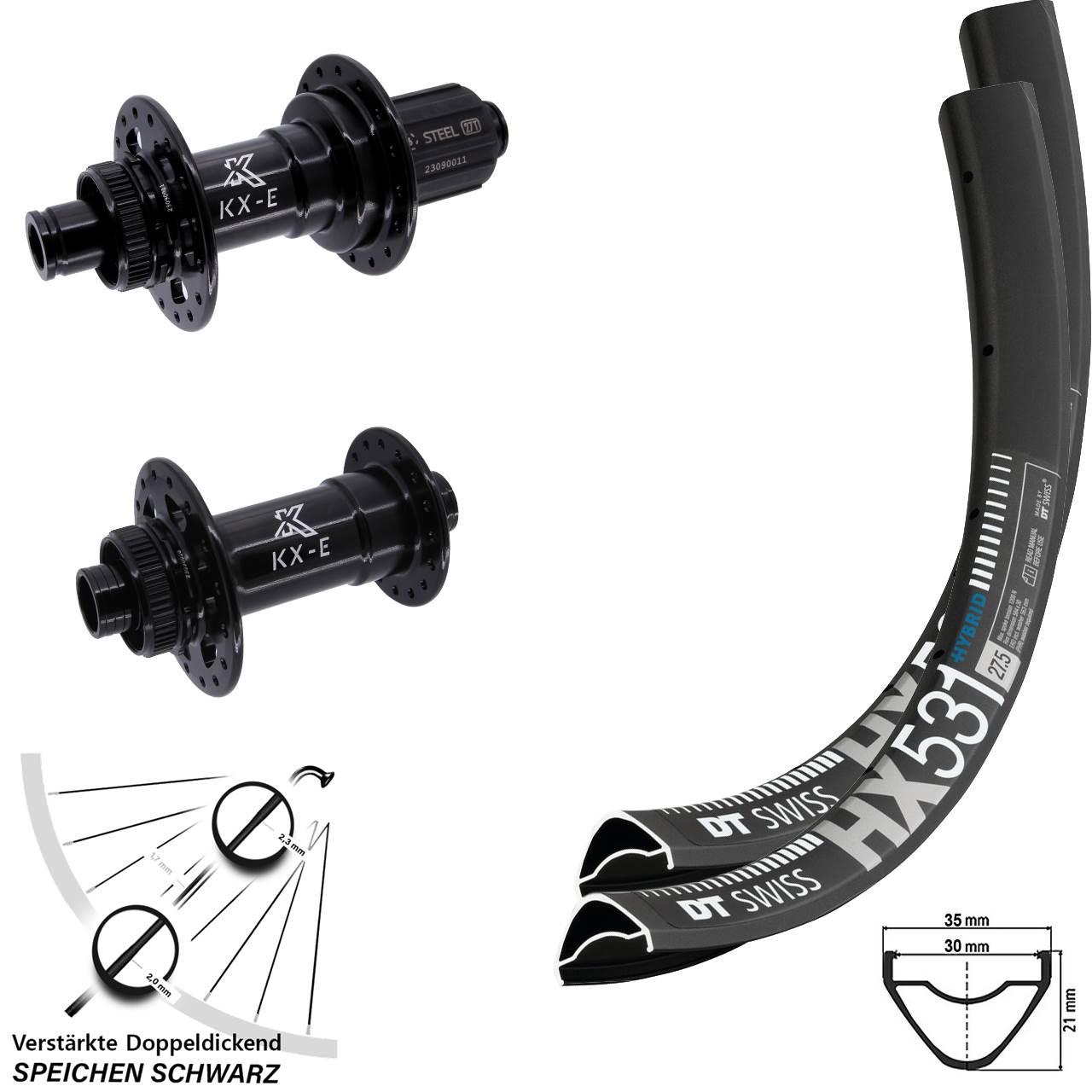 Laufrad-Satz 27,5 Zoll DT Swiss HX 531 KX-E Heavy Duty 8-12 fach HG 15x110 12x148