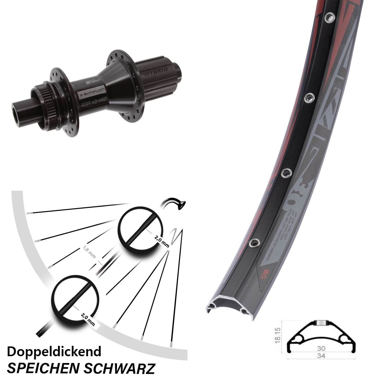 Centerlock Hinterrad 12x142 29 Zoll Rodi TRYP 30 DT Swiss 370 Hybrid 8-11 fach