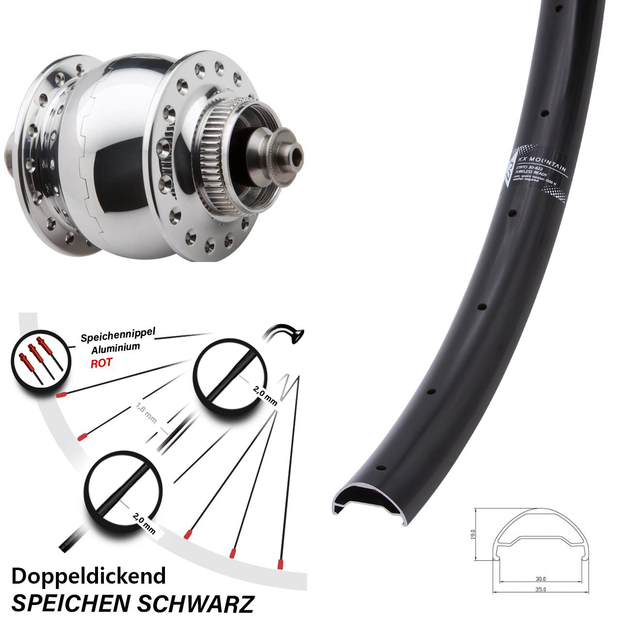 Nabendynamovorderrad Centerlock QR 29 Zoll KX Mountain TR SON 28 poliert