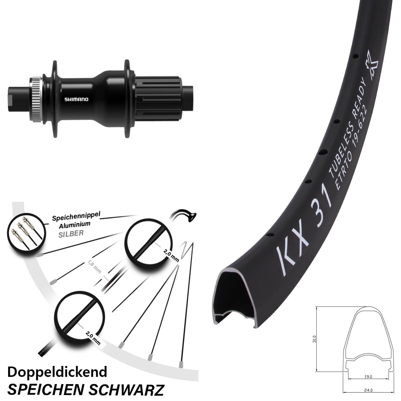 28 Zoll KX31 Shimano FH-TC500 Disc Hinterrad 12x142 11-12 fach