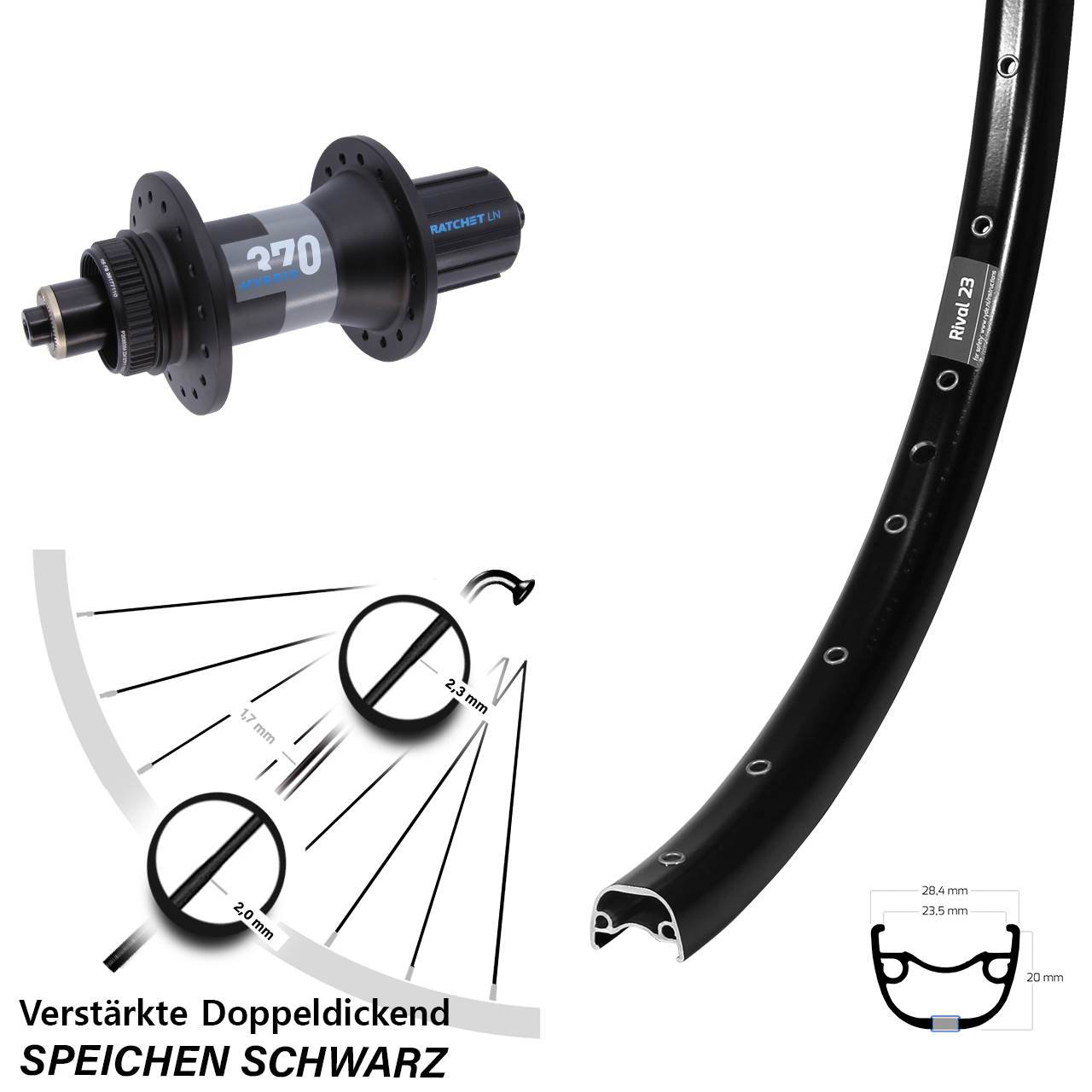 27,5 Zoll Ryde Rival 23 DT Swiss 370 Hybrid BoostDisc Hinterrad QR Boost 8-11 fach HG