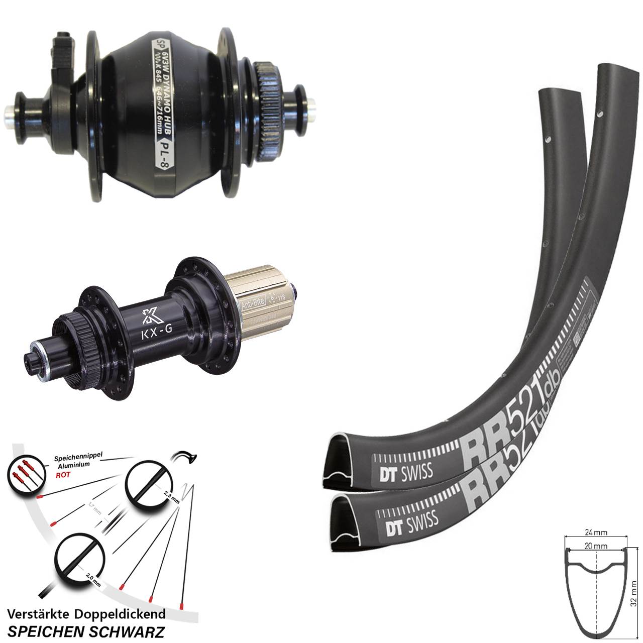 Laufradsatz Centerlock 28 Zoll DT Swiss RR 521 KX-G Shutter PL-8 8-12 fach HG QR