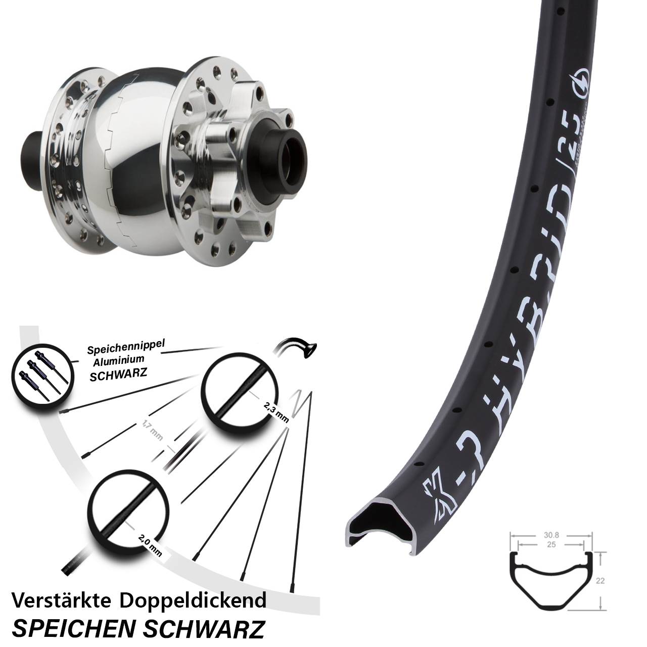 Steckachse KX-R Hybrid 25 SON 28 Dynamo-Vorderrad 6-Loch 15x100