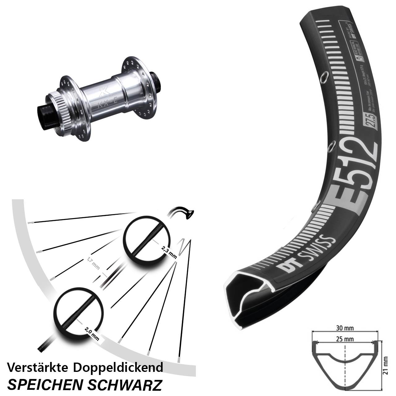 29 Zoll Vorderrad MTB Enduro DT Swiss E 512 KX-E silbern-eloxiert 15x100 mm